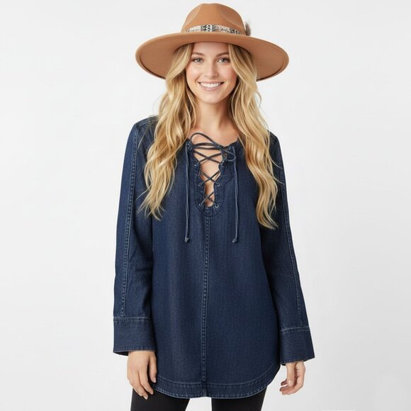 Free People Neapolitan Dreams Blue Denim Tunic Top Cotton Lace Up Shirt Boho - Picture 1 of 10